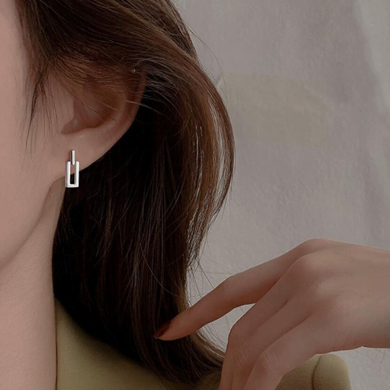 Minimalist Small Geometric Square Stud Earrings with Silver Needles Metal Inspired Individualistic