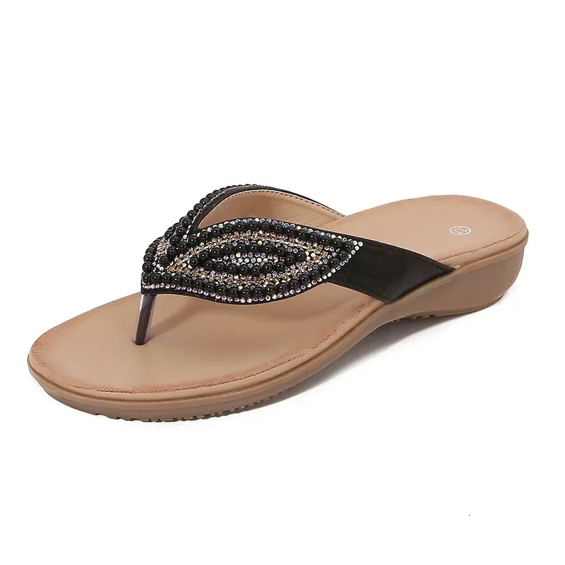 Breathable Ladies Sandals Slippers Bohemia Rhinestone Pearl Butterfly Decorative Womens Shoes Summer Beach Dress Flip Flops 250603