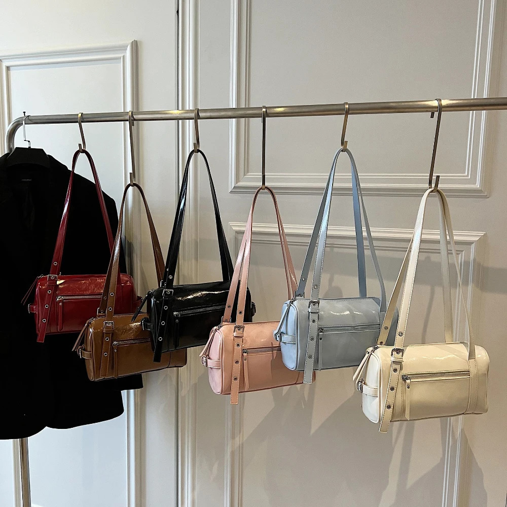 Spring Summer Glossy PU One Shoulder Bags Women Korean Ins Delicate Zipper Handbags High Grade Daily Commute Packs 250605