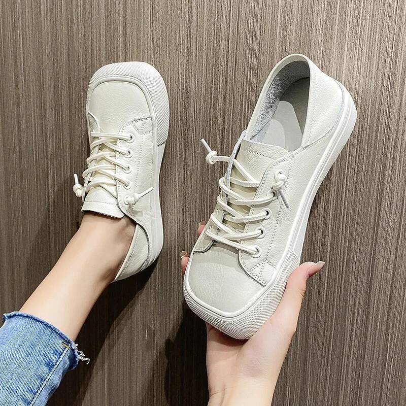 Ddmyoutdoor Genuine Leather White Women S Shoes Ugly Cute Head With Soft Bottom Ladies Design Square Toe Flat Casual Outdoor Shoes