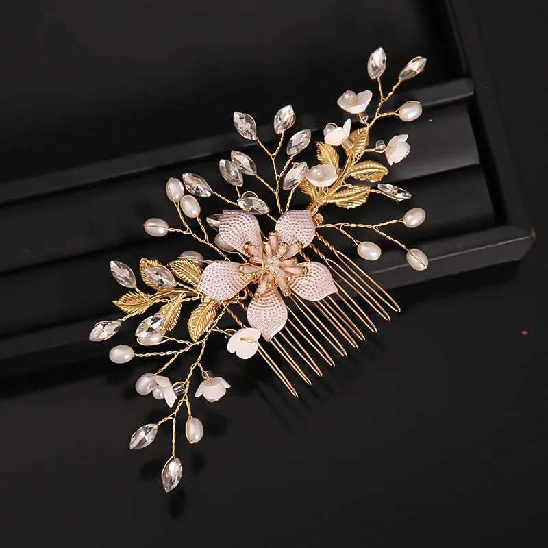 Bridal Wedding Pearl Flower Hairpin Side Comb Golden Shaped Alloy Tiaras Insert Jewelry Comb Hair Jewelry Bride Headwear Z250605