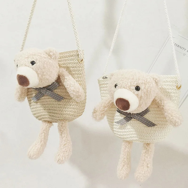 Cartoon Bear Crossbody Bags for Girls Straw Woven Shoulder Bag Princess Kids Messenger Mini Coin Purse Summer Beach Handbag 250605