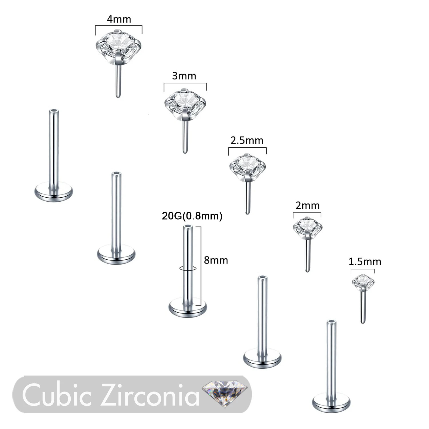 5Pcs Earrings Nose Studs Labret Push in Pin Threadless Flat Back Piercing Jewelry for Ear Nose Lip with 1.5/2/2.5/3/4MM CZ 250605