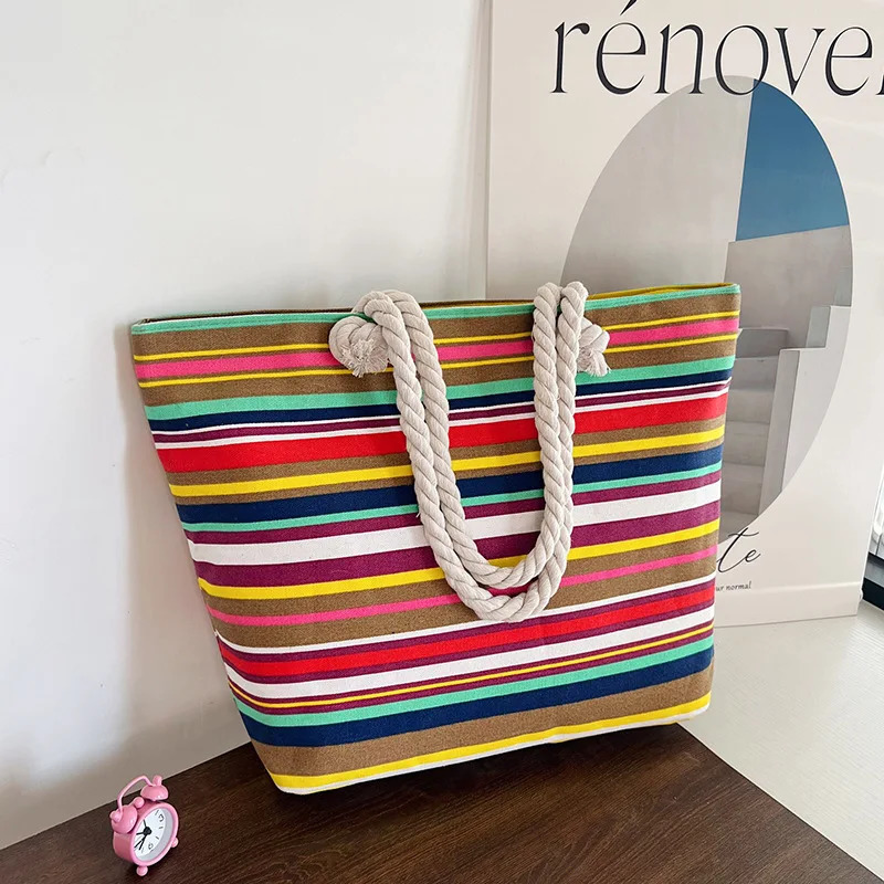 Womens Shoulder Bag Summer Beach Tote Handbag Printing Pattern Canvas Shopping Bags Casual Bucket Female Outdoor Pocket 250605