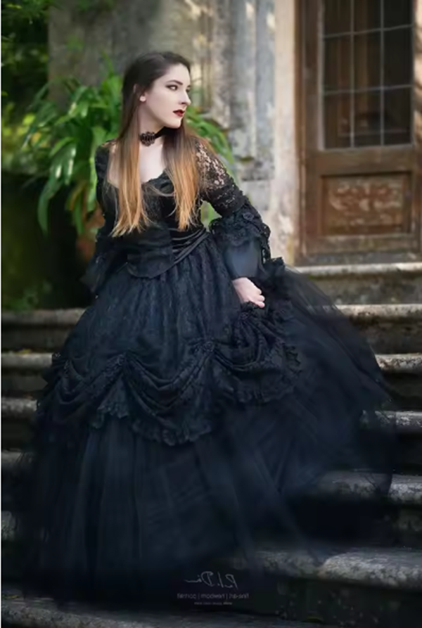 Ruched Black victorian evening dresses Princess Ball Gown Long Sleeves Gothic ruched lace-up prom gown fairy Customized