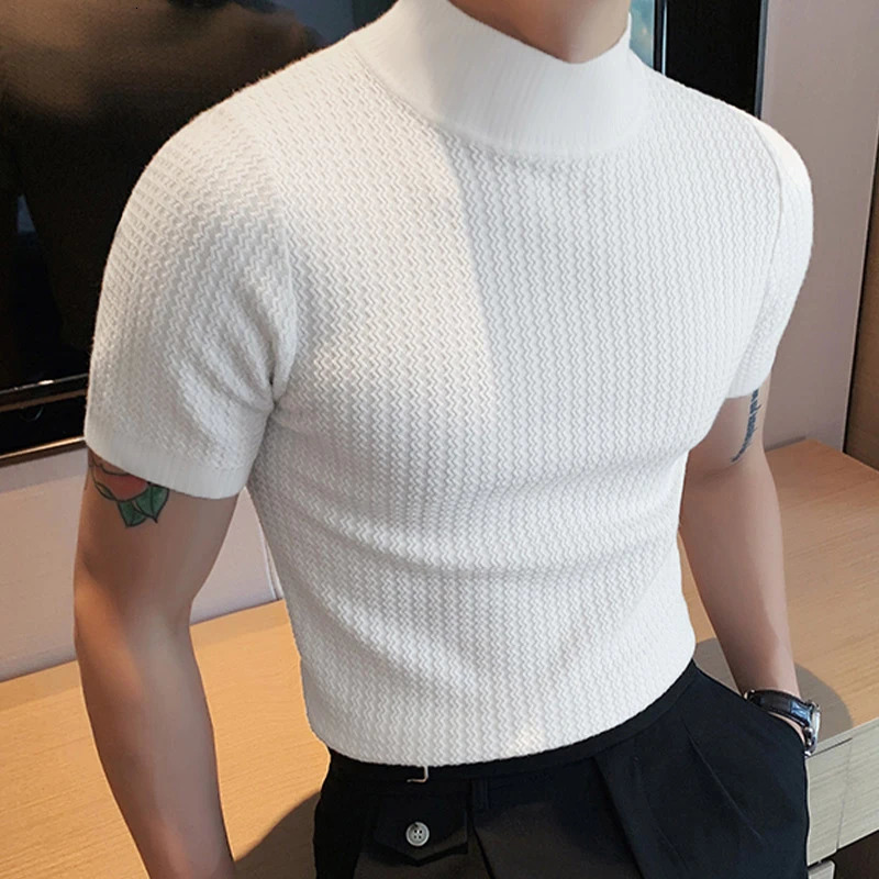 Summer Fashion Tight T-shirt Casual Streetwear Textured High-neck Solid Color Short-sleeved Bottoming Tees Korean Style Tops 250605
