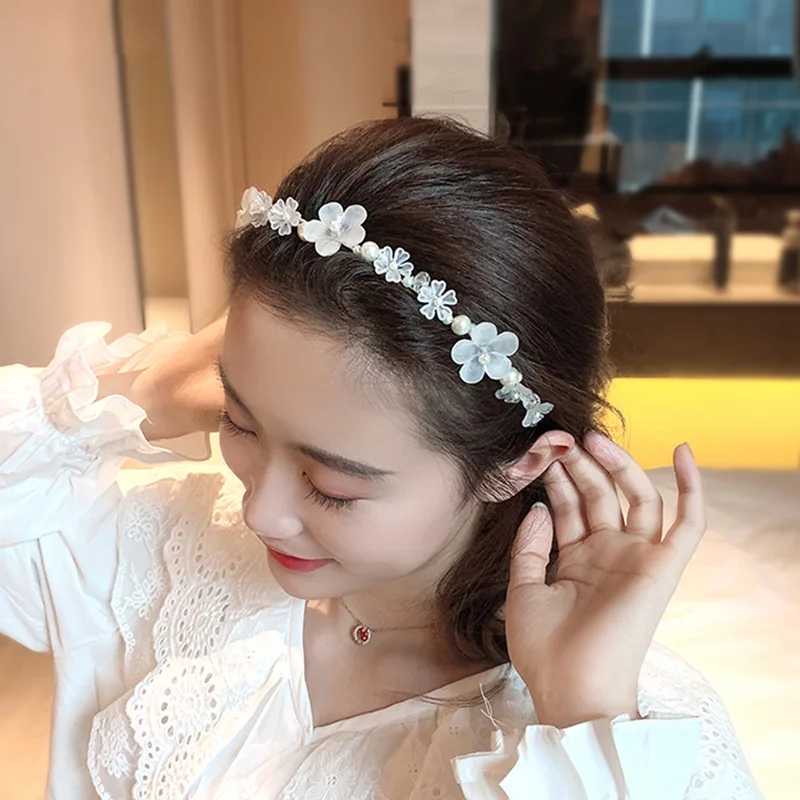 White Acrylic Flower Headbands Wedding Hairbands Elastic Headwear for Bride Hair Accessories Pearl Rhinestone Headpieces Z250605
