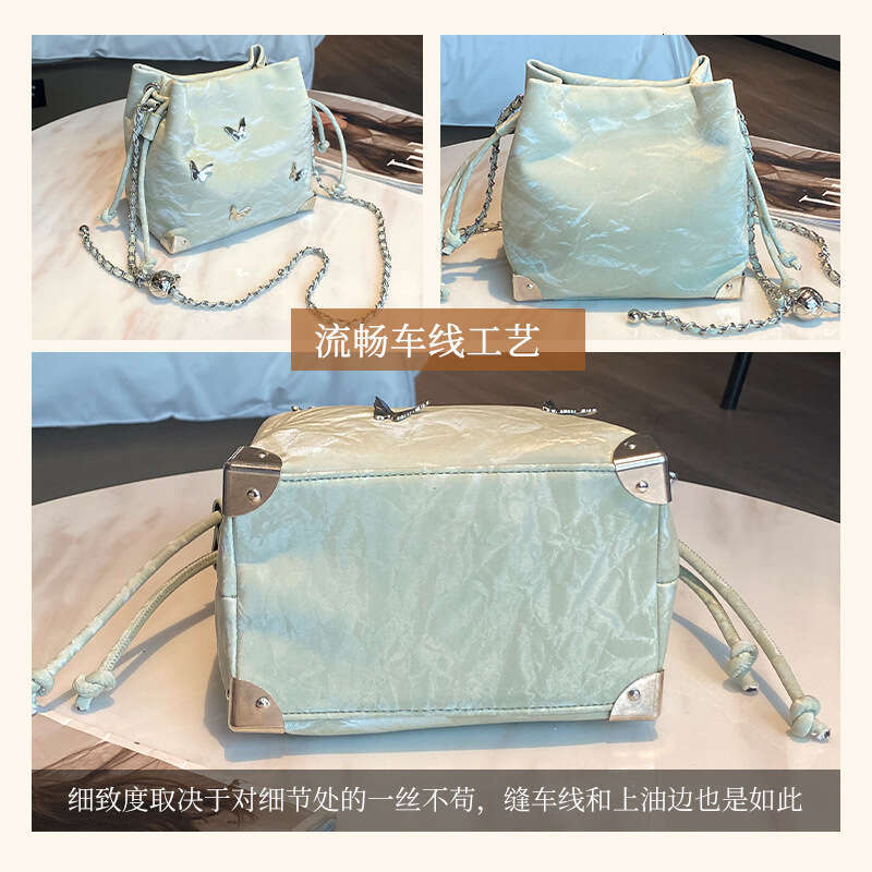 Butterfly Chain Bucket Simple Fashion Drawstring Wrinkle Texture Stylish Niche Women's Shoulder Bag 8513#