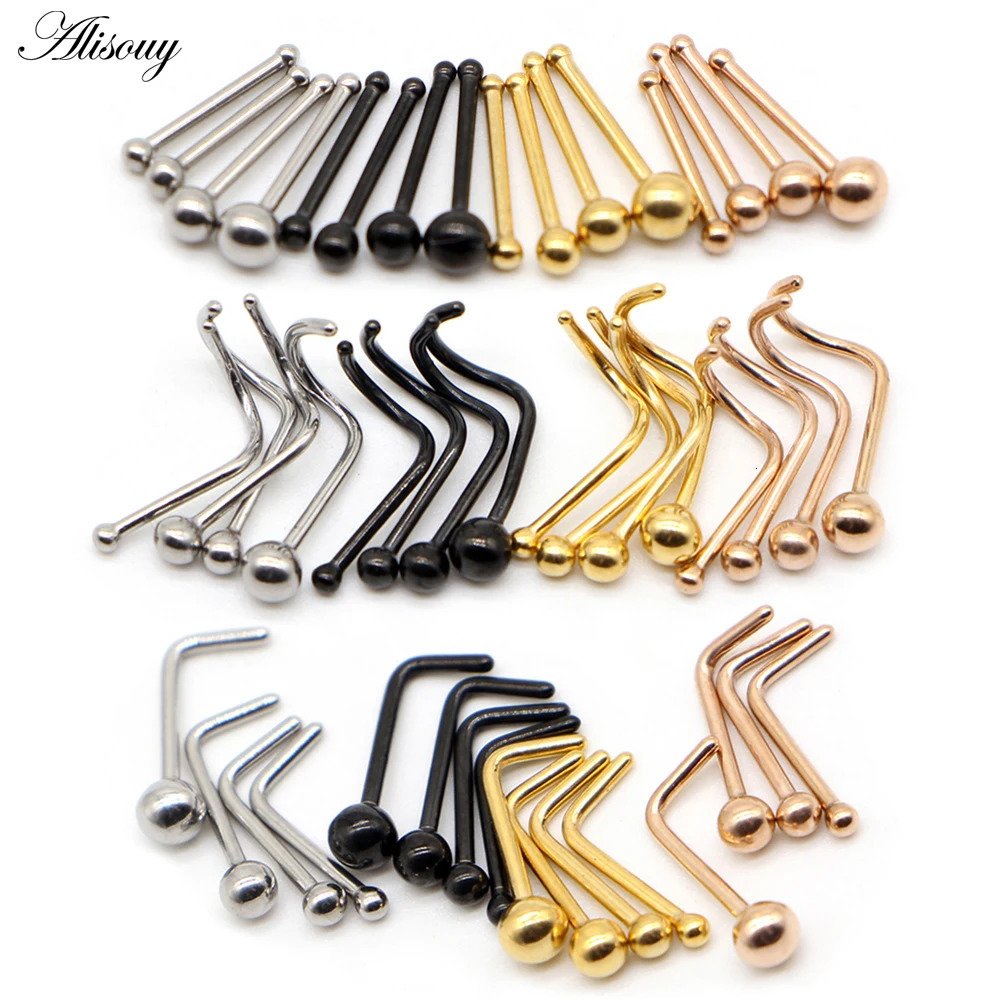 Alisouy 4PCS Stainless Steel Ball Nose Screw Ring L Rose Gold Color Nose Stud Retainer Holder Piercing Body Jewelry 20g 250605