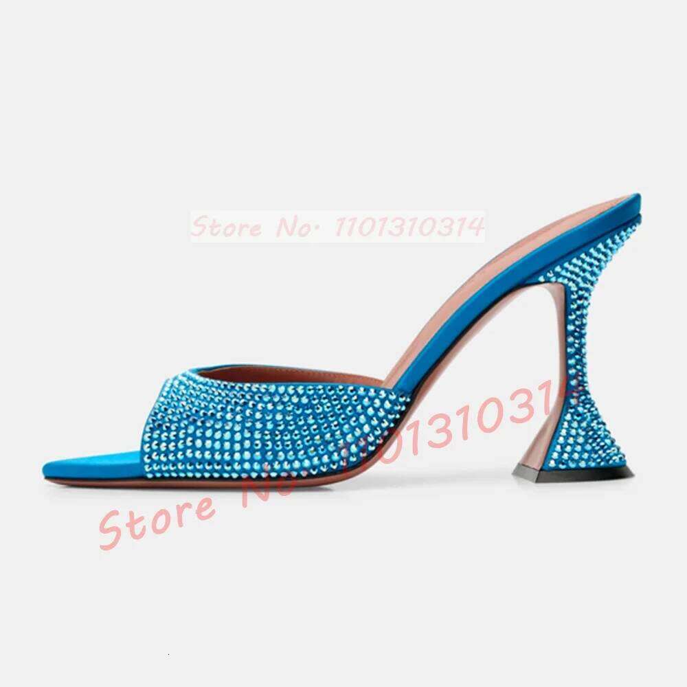 Rhinestones Square Toe Satin Slippers Women Elegant Wine-glass High Heels Shoes Ladies Spakling Evening Stiletto Mules