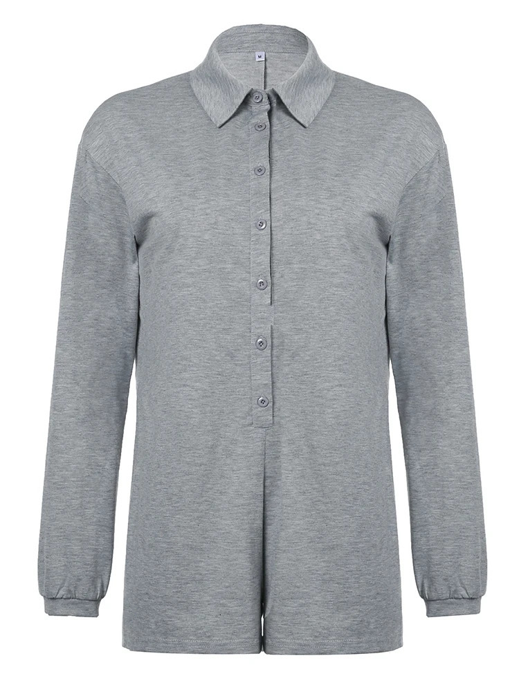 Weekeep Streetwear Gray Loose Rompers Fashion Button Up Full Sleeve Women Playsuits y2k Aesthetic Ladies Solid Outfits Harajuku 250603