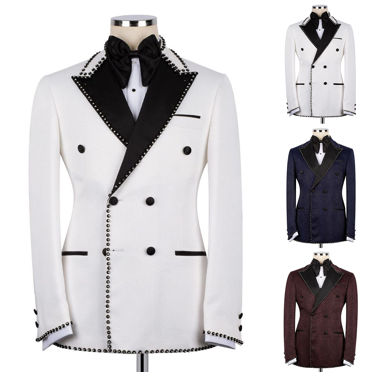 Elegant Man Suits 2 Pieces Set Slim Beads Peaked Lapel Party Prom Blazer Rhinestone Customized Double Breasted Jacket Pants Plus Size