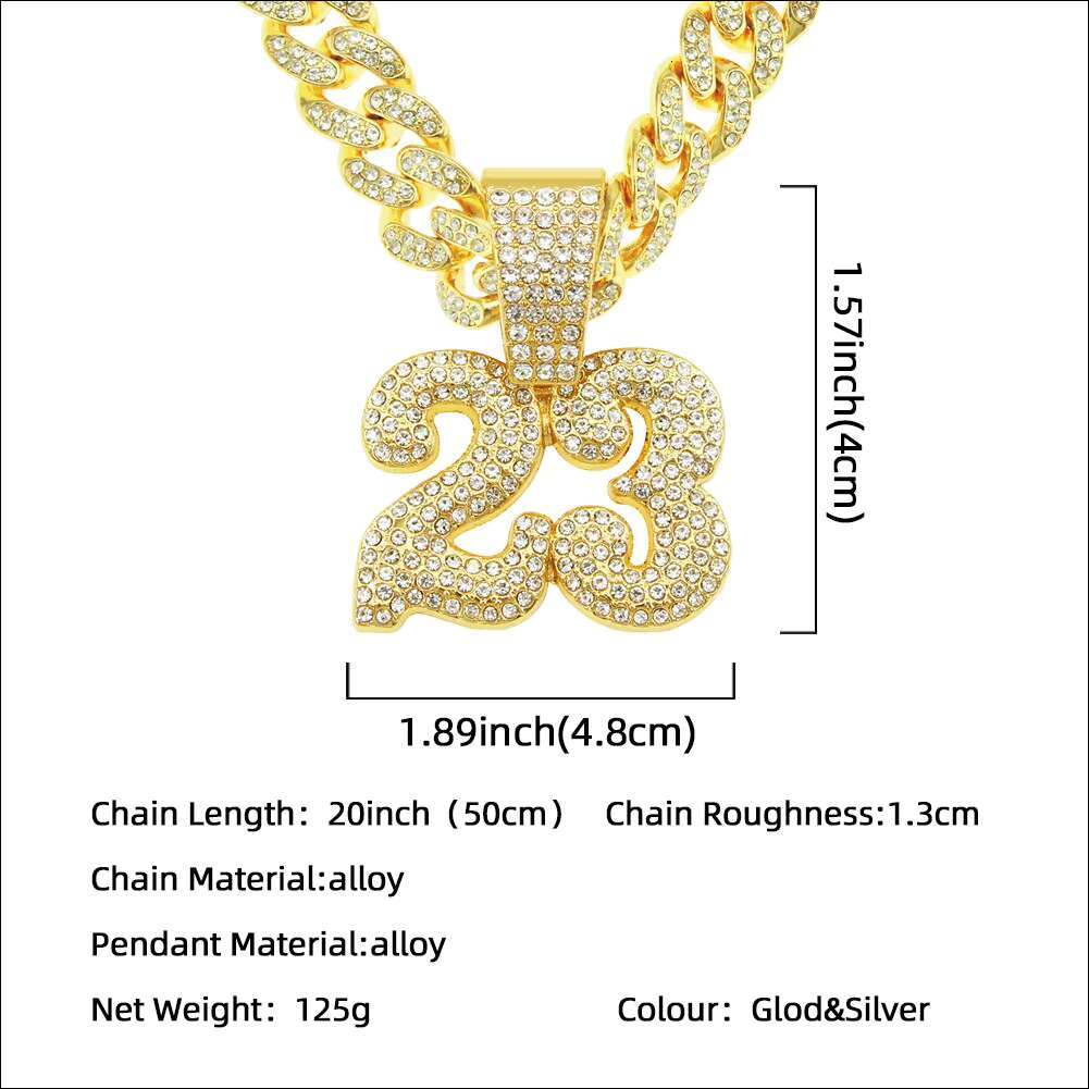 Mens Necklace Basketball 23 Pendant Chain Gold Iced Out Bling Crystal Necklace Hip Hop Sports Jewelry Rock Rapper Collares