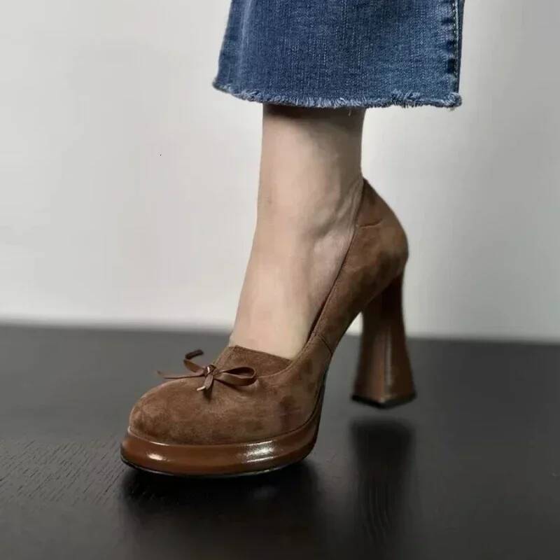 Ddmyoutdoor Women S Shoes Retro High Heels Butterfly Knot Square Heel Faux Suede Commuting Elegant Cm Pumps Para Mujer Outdoor Shoes