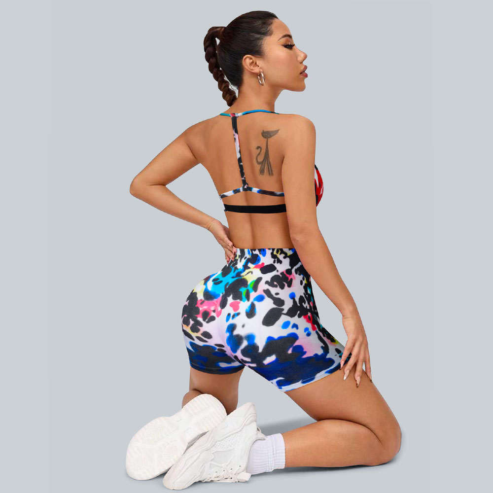 Sports and fitness full body drip dye seamless bra and tight high waisted shorts women's set