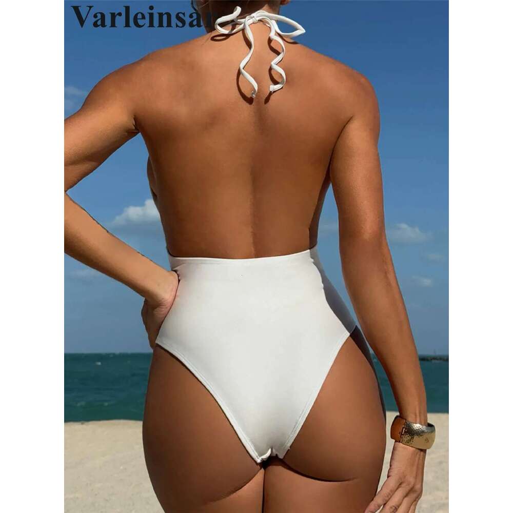 Sexy Deep V Neck Halter Backless One Piece Swimsuit Women Swimwear Female High Cut Leg Monokini Bather Bathing Suit Swim V6581