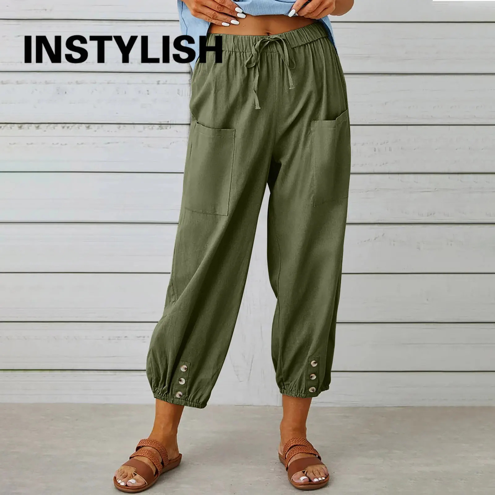 Women Cotton Linen Pants Autumn Solid Color Elastic Waist Loose Straight Trousers Female Harajuku High Waist Wide Leg Pants 250605