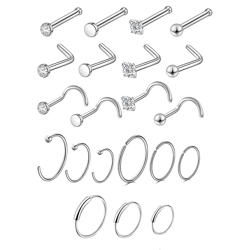 21pcs/lot 20G Stainless Steel Nose Ring Stud Set Heart Crystal Nose Piercing Screw L Shape Nostril Hoop Nose Body Jewelry 250605