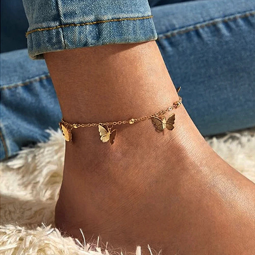 13pcs Simple Metal Chain Butterfly Pendant Anklet for Women Adjustable Layered Vintage Minimalist Beach Anklet Set Foot Jewelry 250528