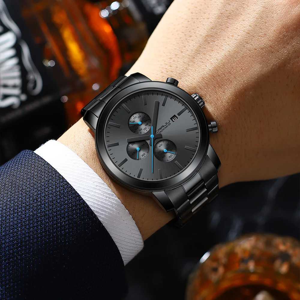 CRRJU Men Watch Luxury Business Stainless Steel WristWatch Military waterproof Date Quartz watch for men Y250605