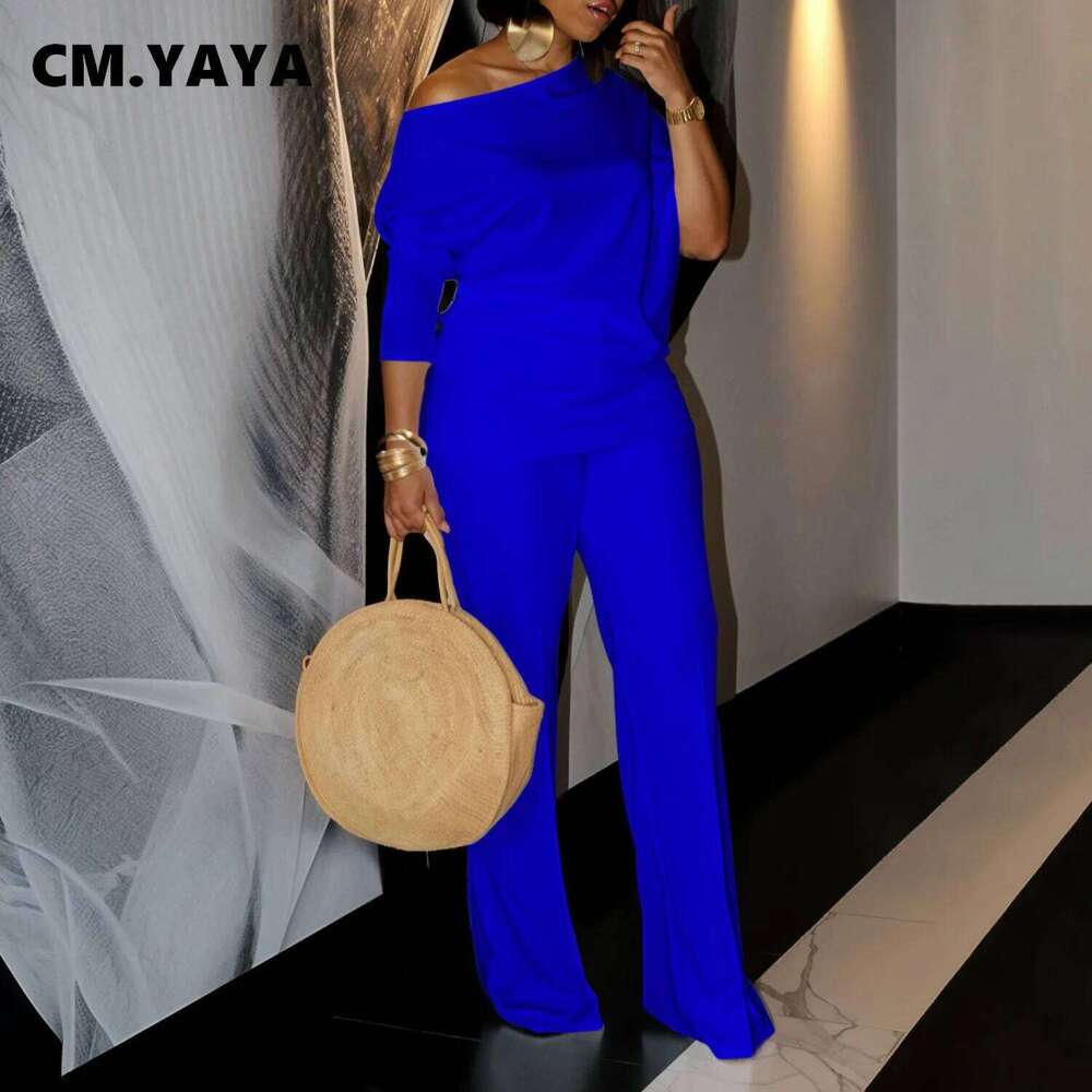 CM.YAYA Women's Set Full Sleeve Skew collar T-shirt + Wide Leg Pants Suit 2024 Fall Winter Fiess Two 2 Piece Sets Outfits