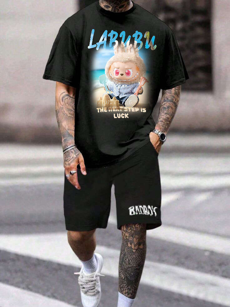 2025 New LABUBU Pure Cotton Short Sleeve T-Shirt American Style Loose Trendy Casual Set Digital Direct Print labubu doll