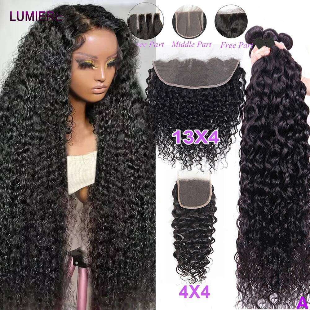 Deep Water Wave Human Bundles With Frontal HD Transparent Lace Closure And Bundle Raw Virgin Hair Weave Extension
