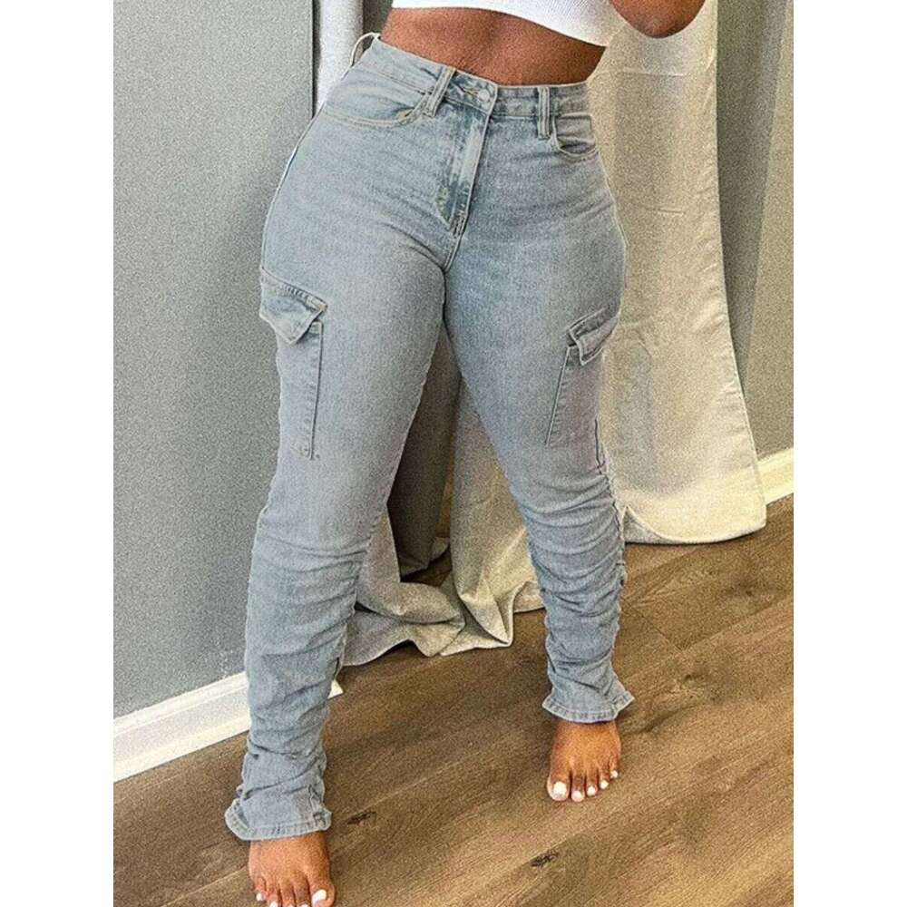 LW Plus Size High Waist Side Flap Pocket Cargo Women Zipper Ruched Design Jeans Causal Skinny Long Trouser