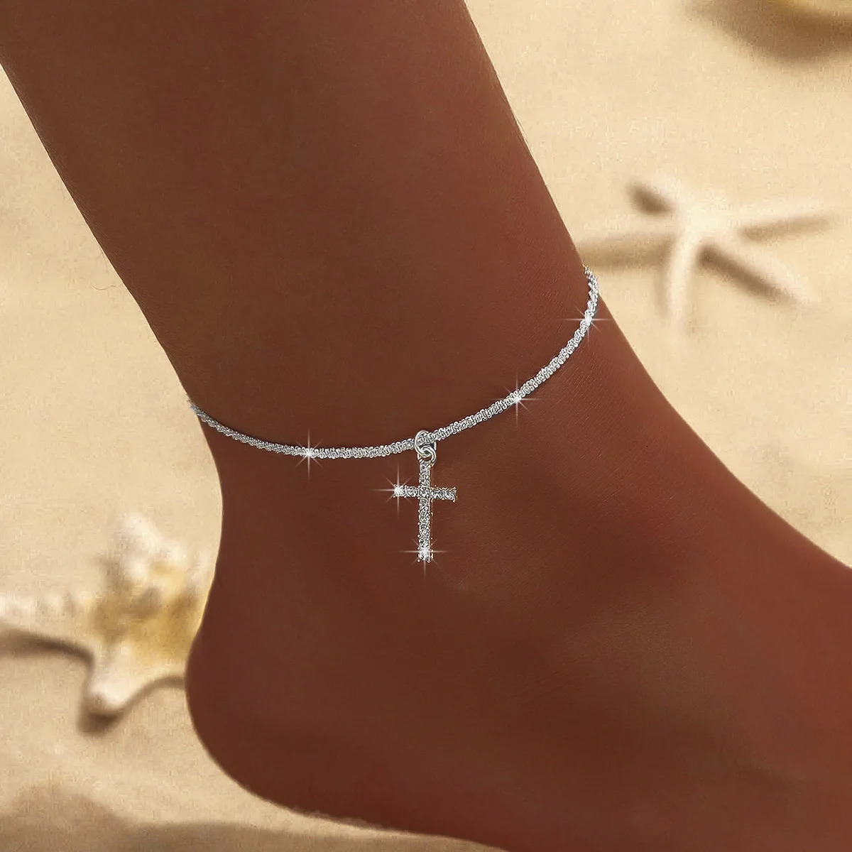 925 Sterling Silver Cross Anklet Simple Style Charm Ladies Anklet Birthday Party Gift for Friends Exquisite Accessories 250528