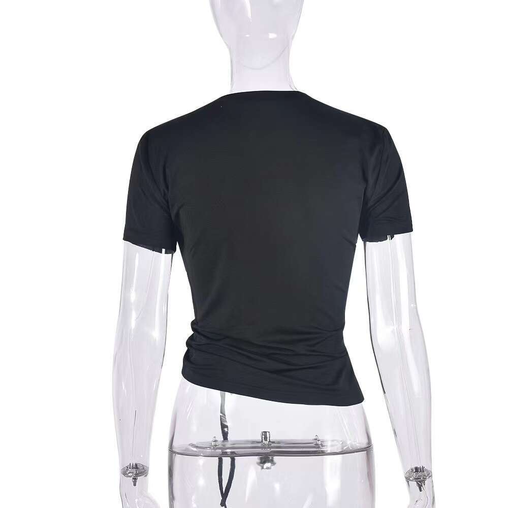 Women's Fashion Elegant Heart-Shaped Rhinestone Decor Irregular Round Neck Short Sleeve T-Shirt B5