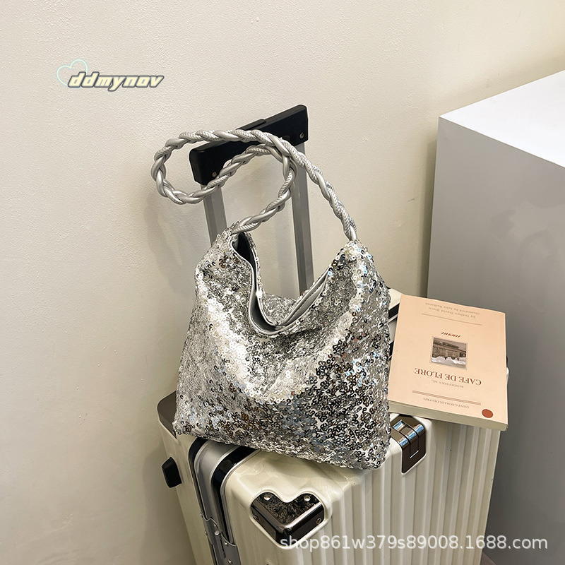 Fashion Sequin Handheld Bucket 2025 New Korean Style Niche Shoulder Lightweight Women's Bag High-end Feel ddmynov