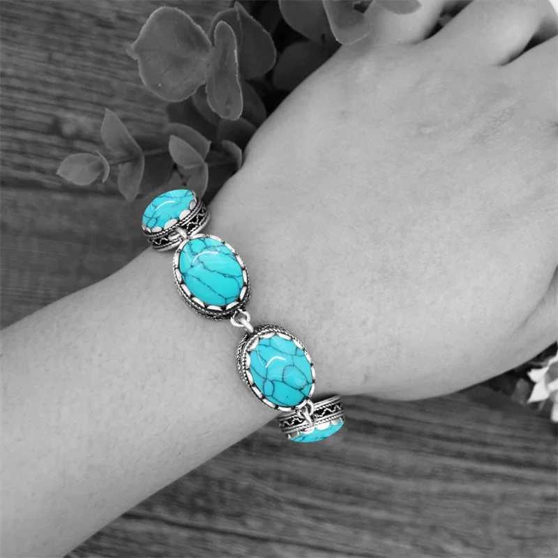 5 Colors Oval Synthetic Turquoise Bracelets For Women Flower Bead Antique Silver Plated Fashion Jewelry TB291 W250606