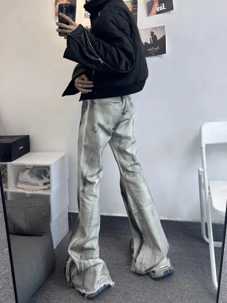 Y2K Heavy Retro Style Dirty Ink Contrast Color Gradient Micro-flare Jeans Mens Trendy Floor-moving Casual Pants 250605
