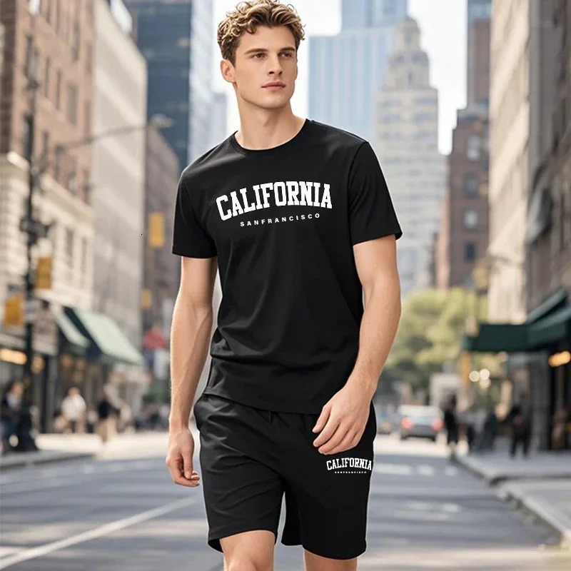 California Fashion T-shirt Shorts 2pcs Set Mens Summer Casual Sports Outfits Urban Fashion Tracksuit O-neck Tees Walking Shorts 250605