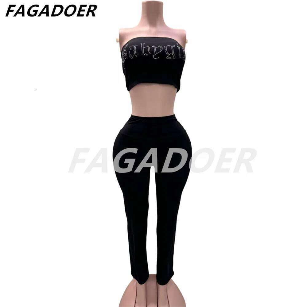 FAGADOER Rhinestone Letter 2 Piece Set for Women Y2K Black Streetwear Fashion Tube Backless Crop Tops And Skiny Pants Suits