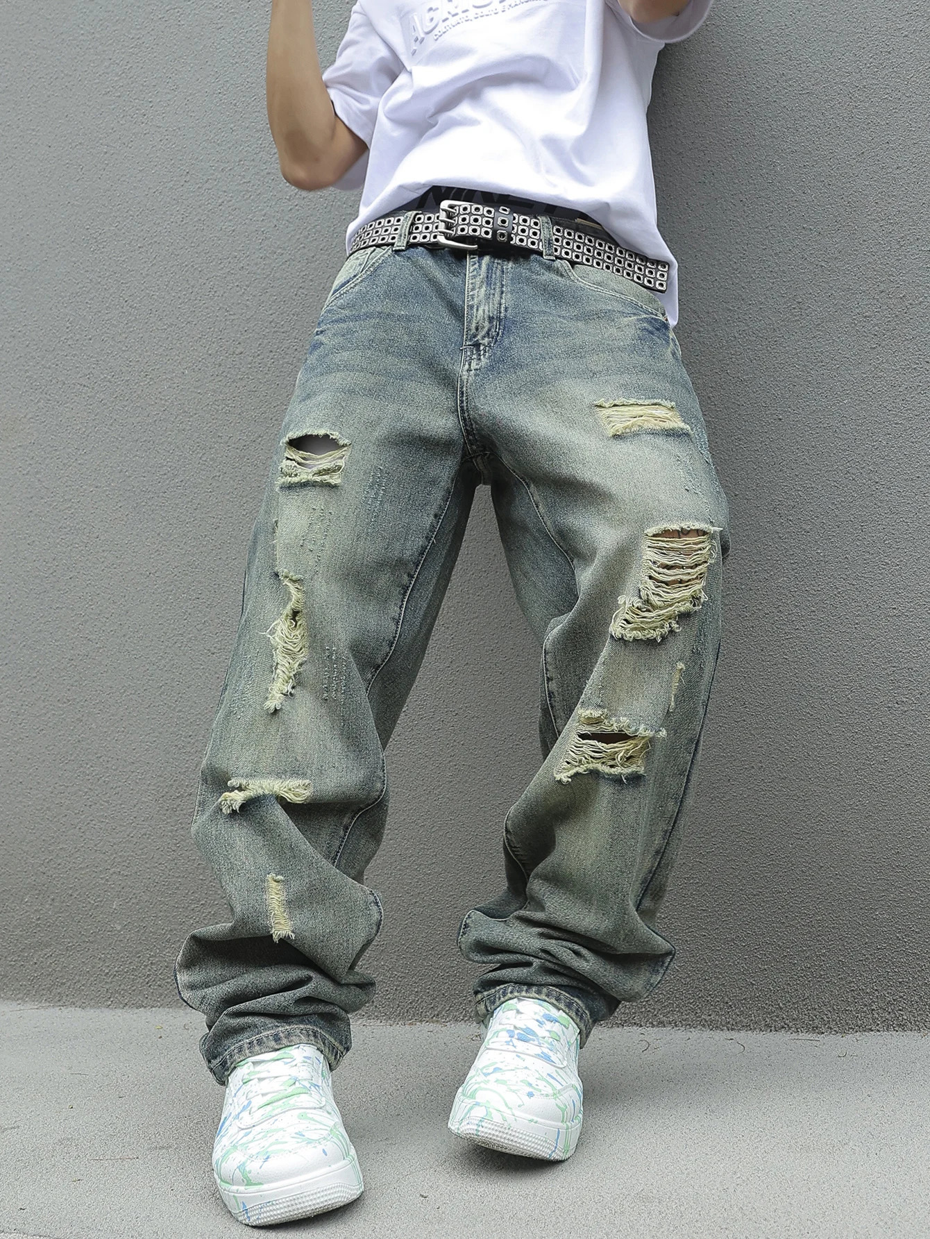 Y2K Distressed Skinny Jeans for Men Ripped Vintage High-Waisted Hip-Hop Streetwear Style 250605