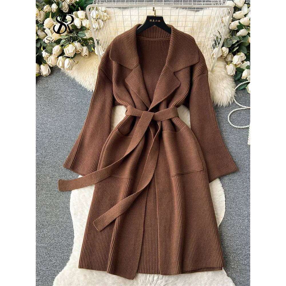 SINGREINY Winter Loose Knitted Overcoat Lapel Neck Sleeves Lace Up Streetwear 2023 Autumn Casual Long Sweater Cardiagns