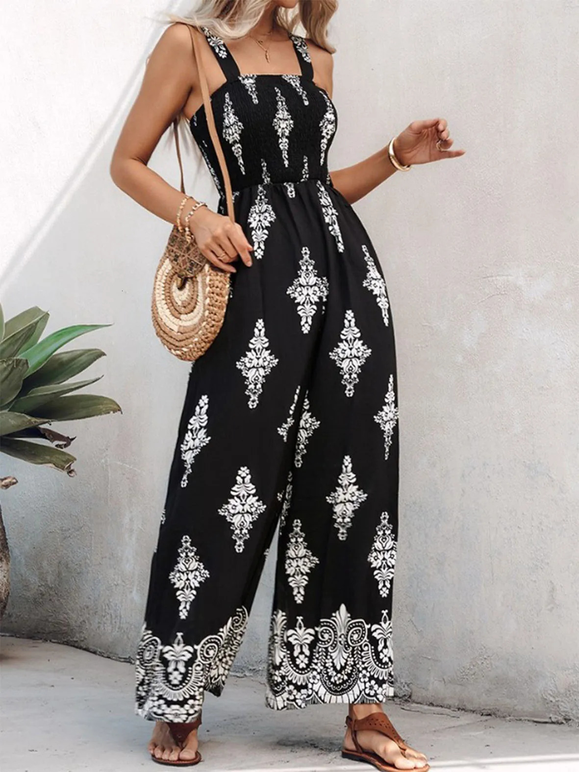 Woven Positioning Printed Fashionable Spring and Summer Strap Pocket Wide Leg jumpsuit for Women 250530