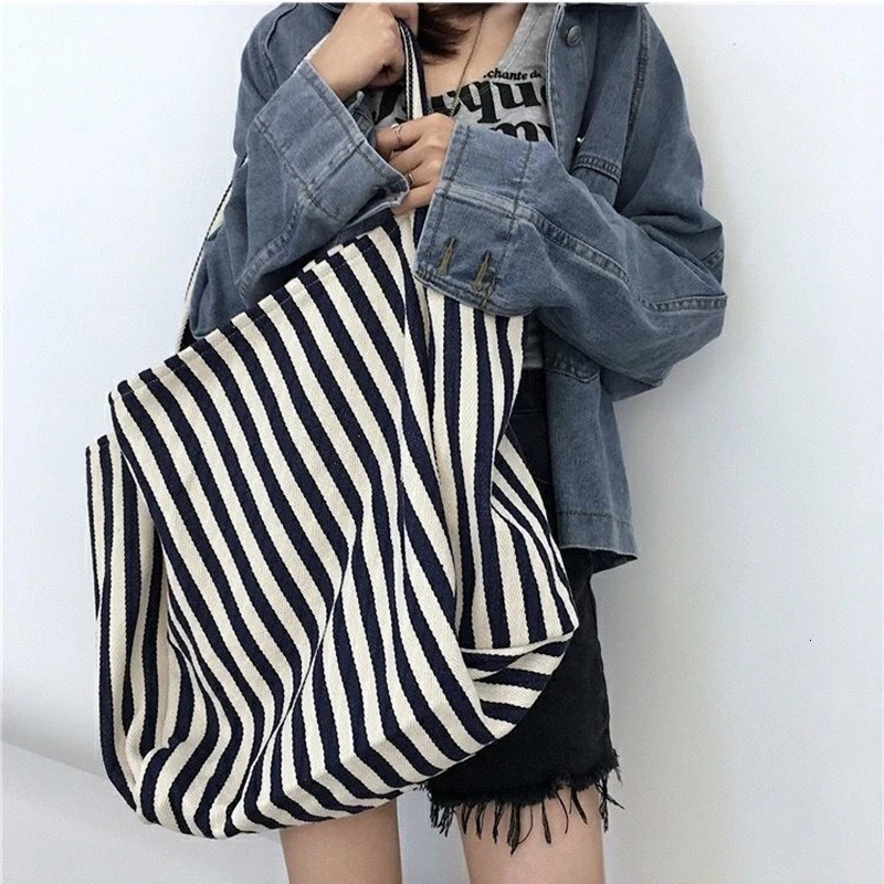 Striped Canvas Bag for Women Large Capacity Shoulder Bag Daily Shopping Student Bookbag School Travel Beach Bag 250530