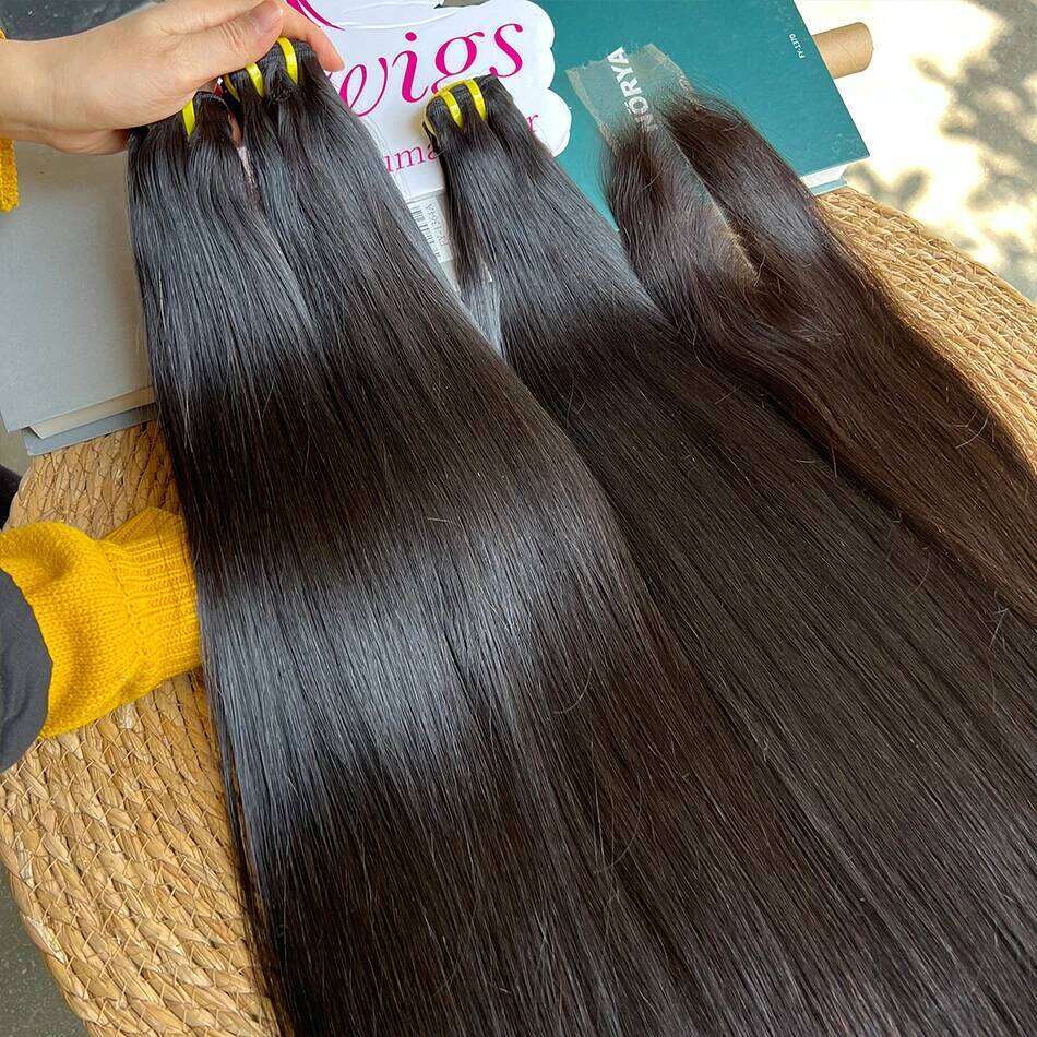 Double Drawn Straight 100% Raw Virgin Vieamese Human Bundles With 2x6 Transparent Lace Closure Hair Weave Extensions