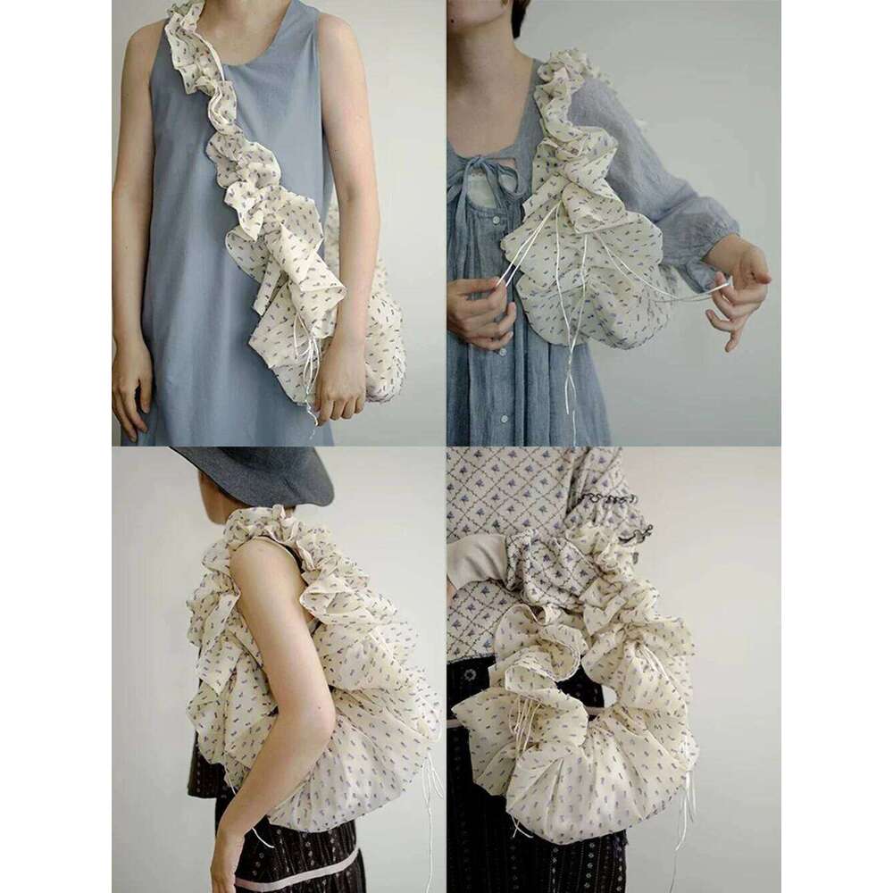 White Printed Adjustable Drawstring Tote Women's Pleated Lace Shoulder Strap Soft Lightweight Summer Commute Crossbody Bag