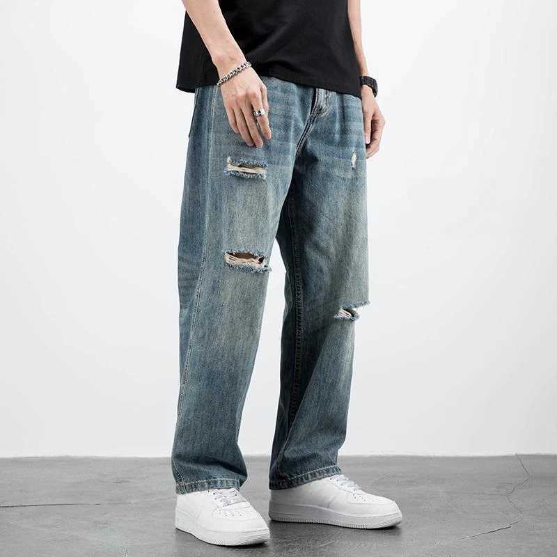 Mens Jeans Broken Straight Trousers Ripped with Holes Loose Torn Wide Leg Male Cowboy Pants Baggy 2024 Korean Autumn New in Xs Z250605