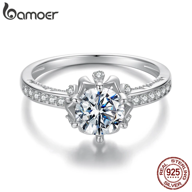 Bamoer D Color VVS1 Exquisite Moissanite 1 CT Round Cut Diamond Solitaire Engagement Ring - Premium Quality 925 Sterling Silver