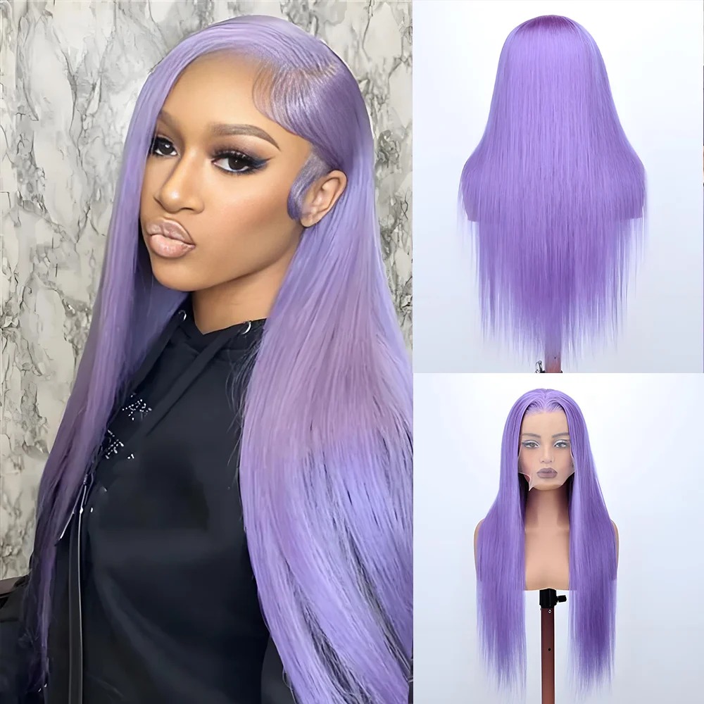 Purple Color Straight Human Hair Wig HD Transparent Bleached PrePlucked Lace Front Wig Violet Purple Wigs Synthetic