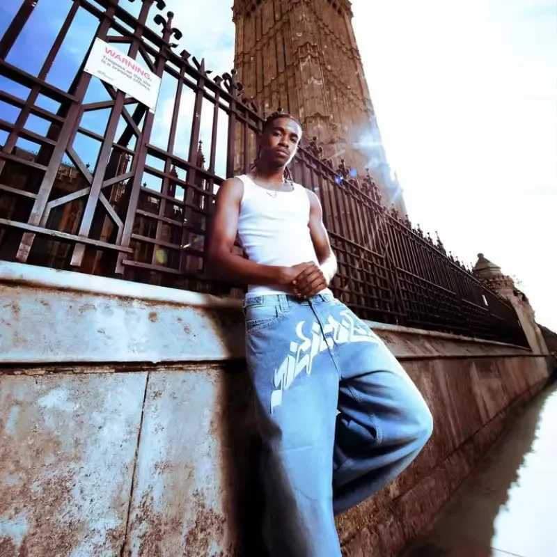 Loose Straight Leg Mens Jeans 2024 Spring Autumn High Street Hip Hop Trendy Brand Personalized Letter Print Casual Trousers Z250605