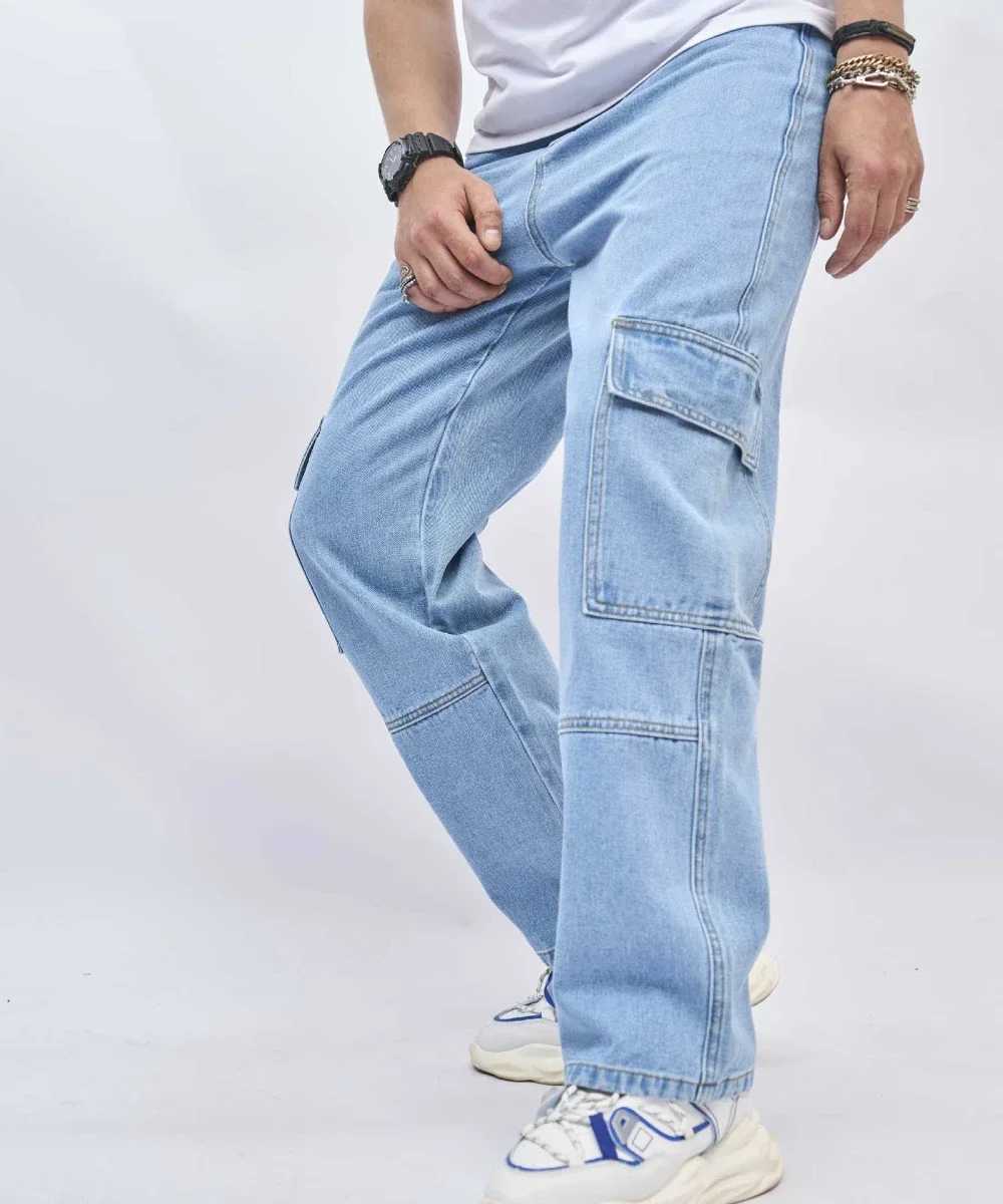 Denim Straight Ankle Length Pants Men Jean Washed Zipper Fly Jeans Loose Fit Solid Pockets High Strt Vintage Spliced 2025C250606