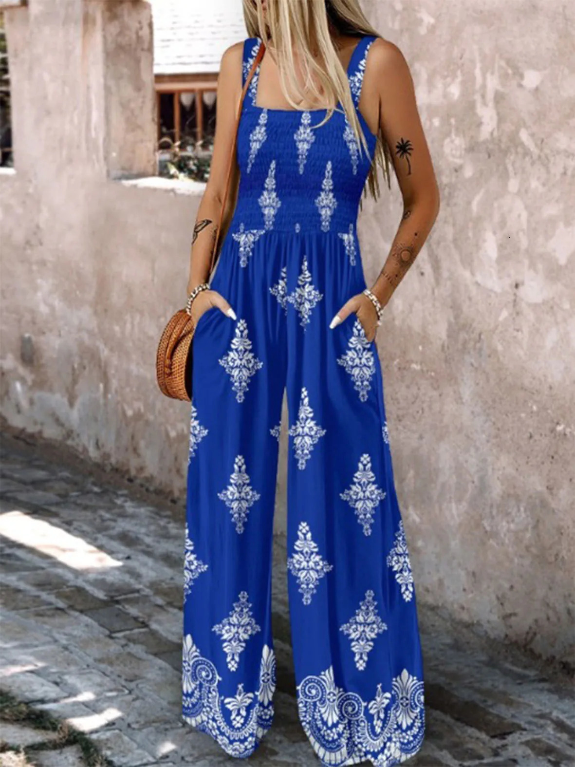 Woven Positioning Printed Fashionable Spring and Summer Strap Pocket Wide Leg jumpsuit for Women 250530