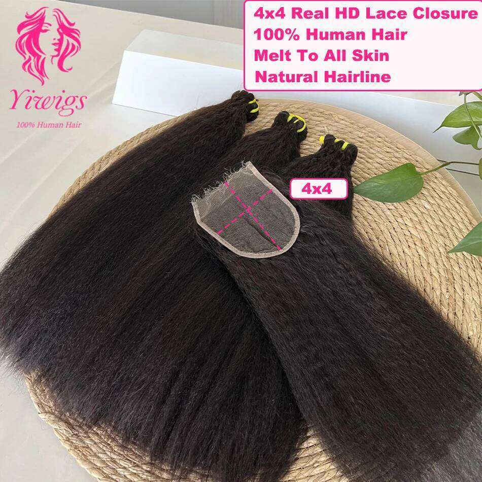 Yiwigs 12A Grade Double Drawn Kinky Straigt 100% Human Bundles With 4x4 Real HD Lace Closure Hair Weave Extensions Thick