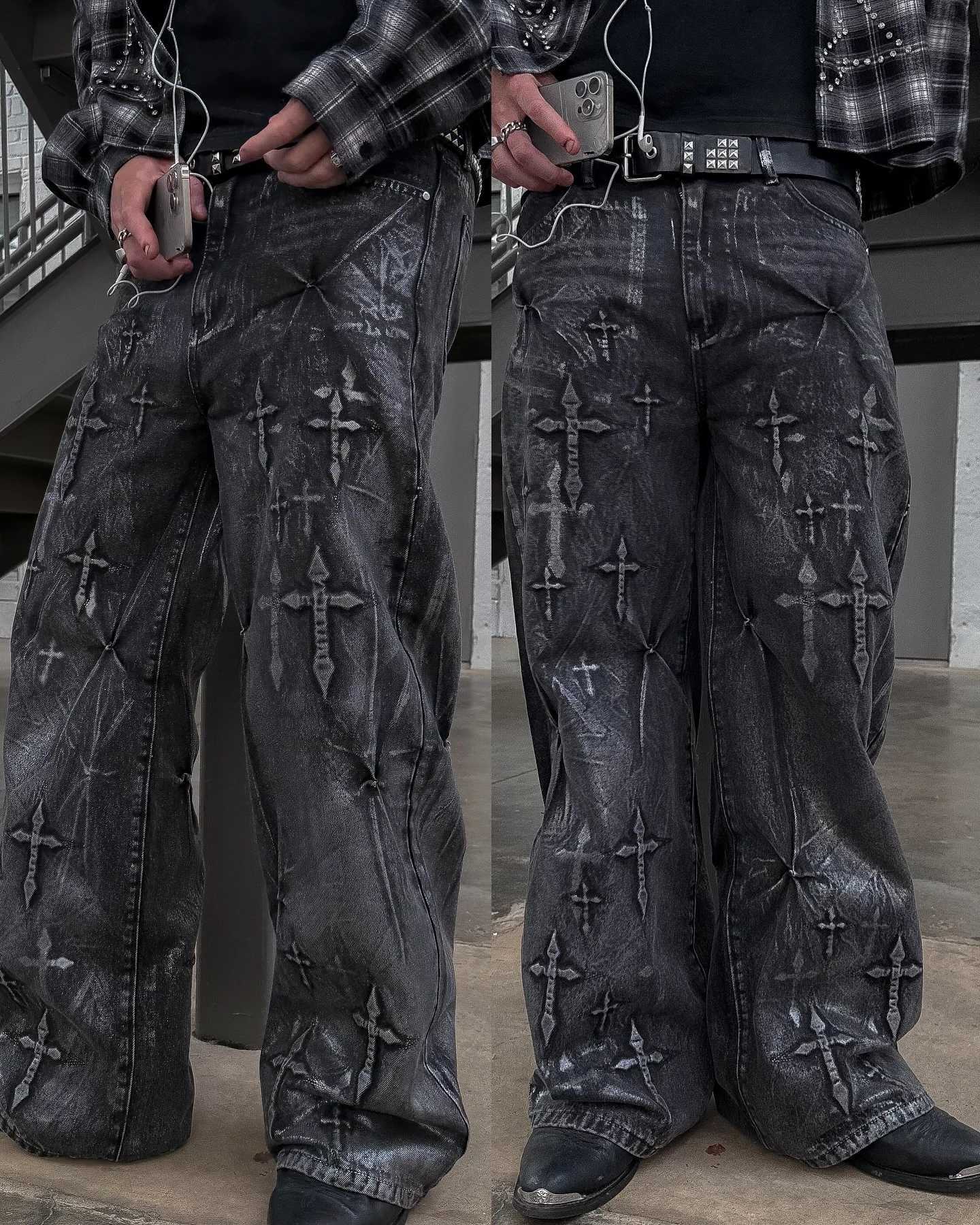 American Gothic Retro Cross Embroidery Washed Heavy Loose Jeans Mens Y2K New Popular Harajuku Hip-Hop Rock Couples Street Wear Z250605