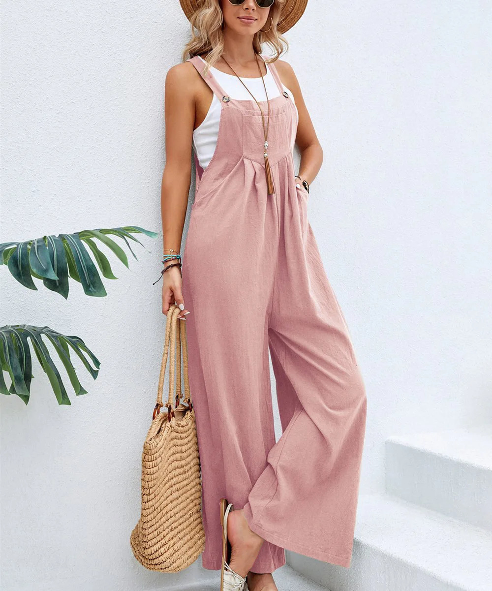Summer Women Long Jumpsuit Solid Color Casual Loose Thin Size Sleeveless Straps Wide Leg Women Suspender Loose Jumpsuit 250530